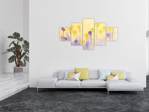Obraz - Fialové a žluté kvítky (125x70 cm)
