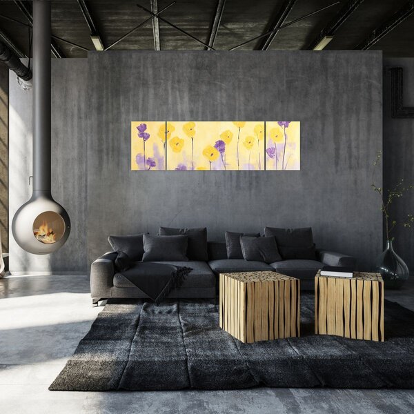 Obraz - Fialové a žluté kvítky (170x50 cm)