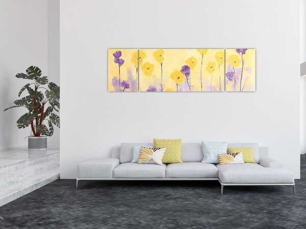 Obraz - Fialové a žluté kvítky (170x50 cm)