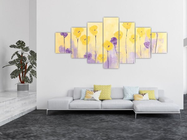 Obraz - Fialové a žluté kvítky (210x100 cm)