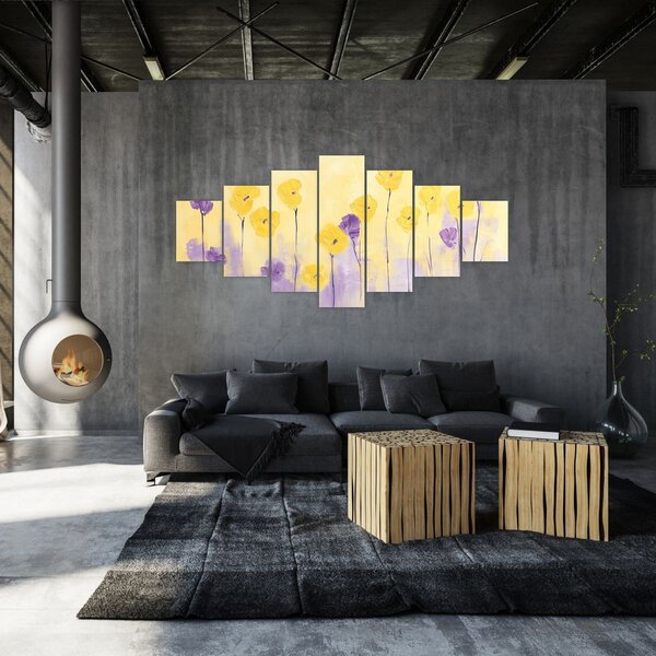 Obraz - Fialové a žluté kvítky (210x100 cm)