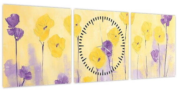 Obraz - Fialové a žluté kvítky (s hodinami) (90x30 cm)