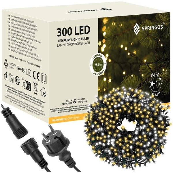 LED světelný řetěz - 25,5m, 300LED, IP44, teplá bílá + záblesky