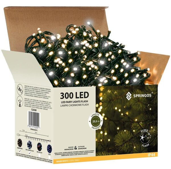 LED světelný řetěz - 25,5m, 300LED, IP44, teplá bílá + záblesky
