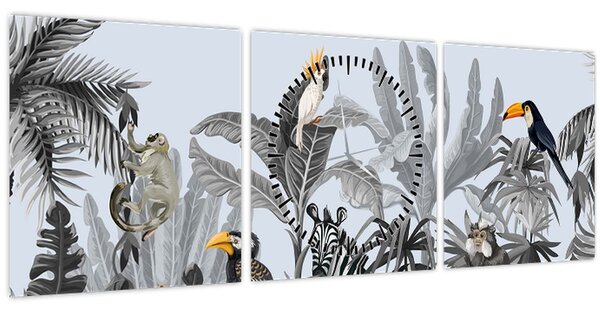 Obraz - Ilustrovaná džungle (s hodinami) (90x30 cm)