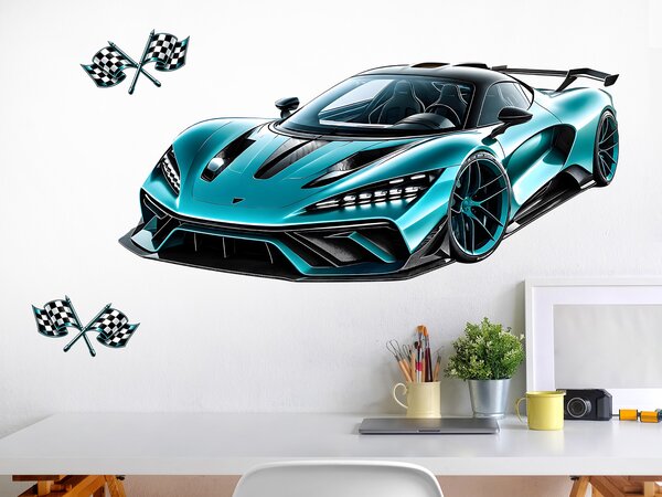 Tyrkysový sporťák textilní přelepitelná samolepka na zeď arch 75 x 33 cm