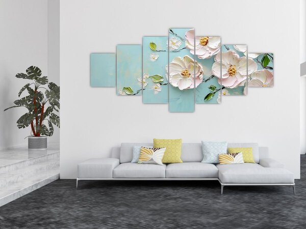Obraz - Kvítky na modrém pozadí (210x100 cm)