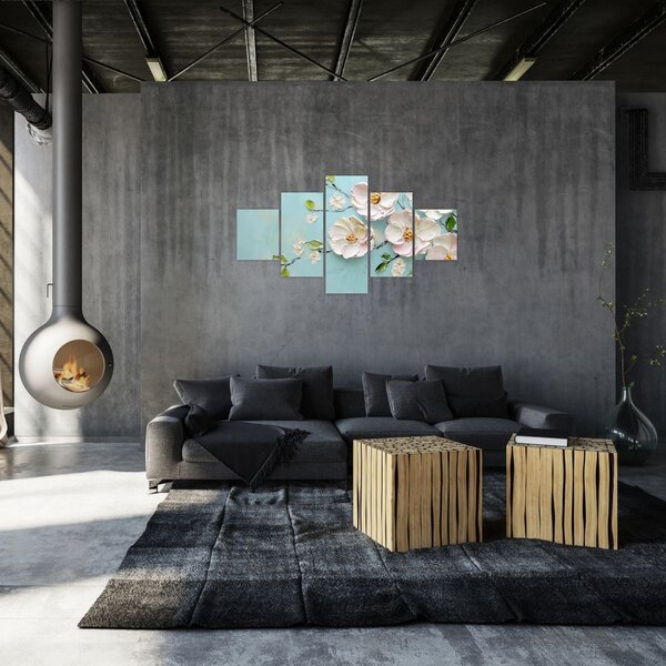 Obraz - Kvítky na modrém pozadí (125x70 cm)