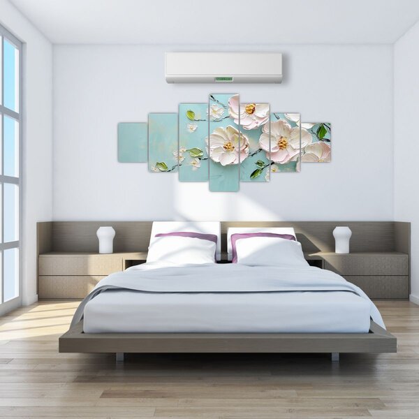 Obraz - Kvítky na modrém pozadí (210x100 cm)