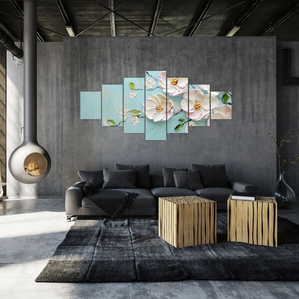 Obraz - Kvítky na modrém pozadí (210x100 cm)