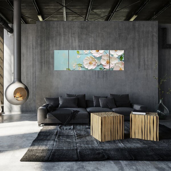 Obraz - Kvítky na modrém pozadí (170x50 cm)