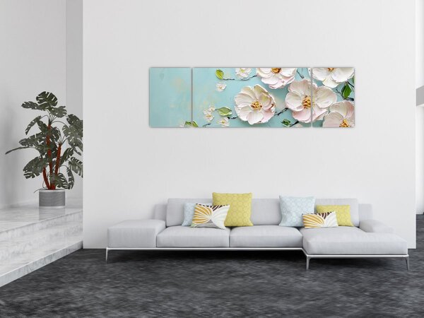Obraz - Kvítky na modrém pozadí (170x50 cm)