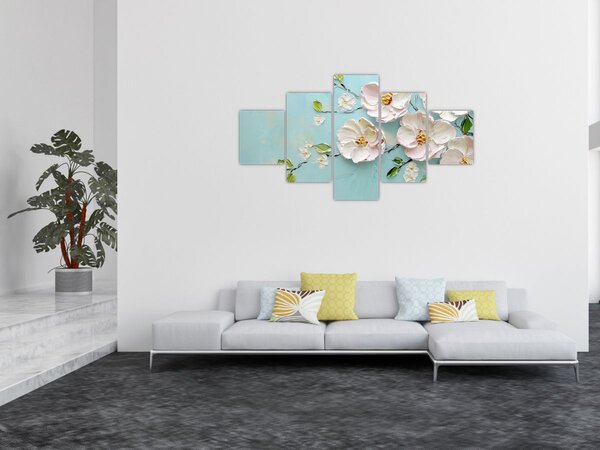 Obraz - Kvítky na modrém pozadí (125x70 cm)