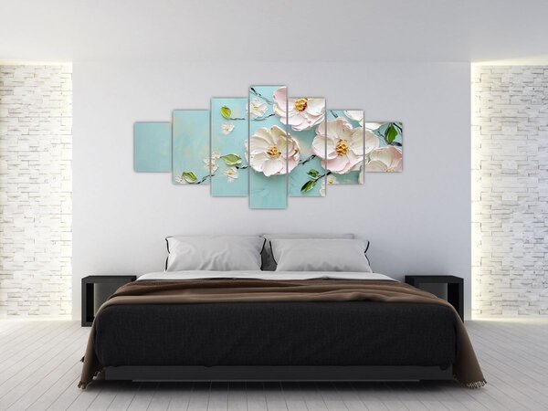 Obraz - Kvítky na modrém pozadí (210x100 cm)