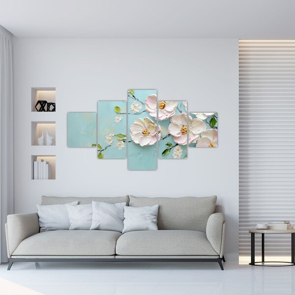Obraz - Kvítky na modrém pozadí (125x70 cm)
