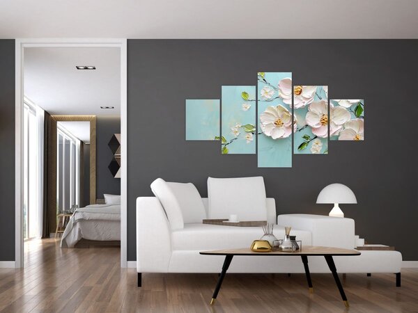 Obraz - Kvítky na modrém pozadí (125x70 cm)