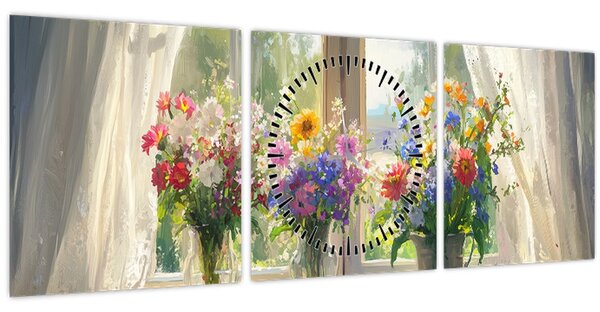 Obraz - Kytice u okna (s hodinami) (90x30 cm)