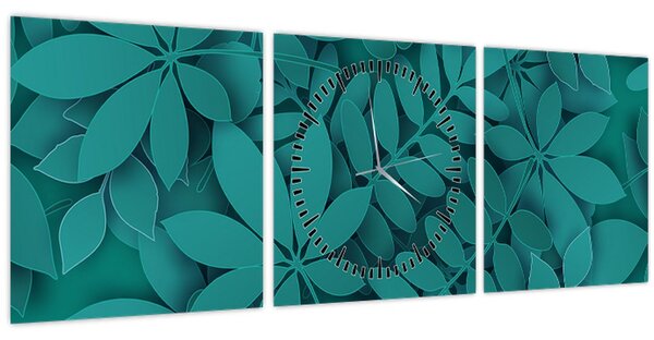 Obraz - Tyrkysové listy (s hodinami) (90x30 cm)