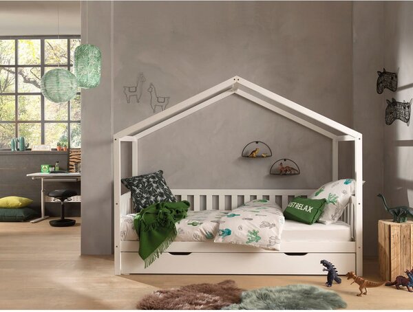 Bílá domečková dětská postel z borovicového dřeva s výsuvným lůžkem a úložným prostorem 90x200 cm DALLAS – Vipack