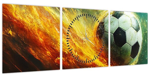 Obraz - Fotbalový míč v letu (s hodinami) (90x30 cm)