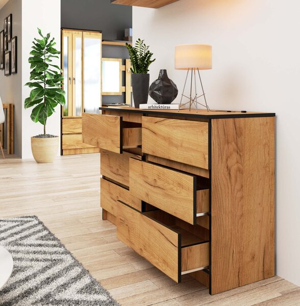 Ak furniture Komoda Kuba 120 cm 6 šuplíků dub craft zlatý