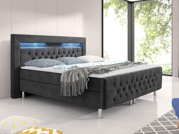 Boxpringová manželská postel s LED osvětlením 140x200 DELBIN - šedá + topper ZDARMA