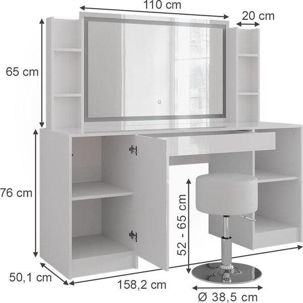 Toaletní stolek Vicco Sherry Bílá/Bílá vysoký lesk 158.2 cm se zrcadlem LED a stoličkou, Model 57649