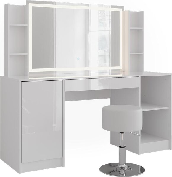 Toaletní stolek Vicco Sherry Bílá/Bílá vysoký lesk 158.2 cm se zrcadlem LED a stoličkou, Model 57649