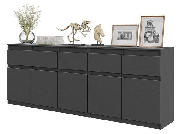 Komoda NOAH Antracit – Velká Komoda do Lonice s 5 Zásuvkami a 5 Dvíky, Set Komod 200 x V75 x H35 cm