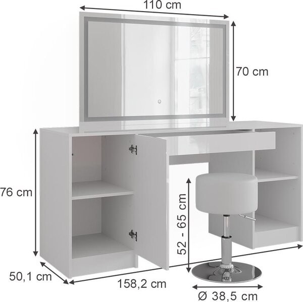 Toaletní stolek Vicco Sherry Bílá/bílý vysoký lesk 158.2 cm s LED zrcadlem a stoličkou, Model 57648