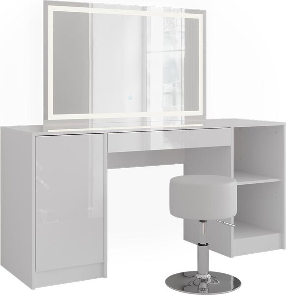 Toaletní stolek Vicco Sherry Bílá/bílý vysoký lesk 158.2 cm s LED zrcadlem a stoličkou, Model 57648