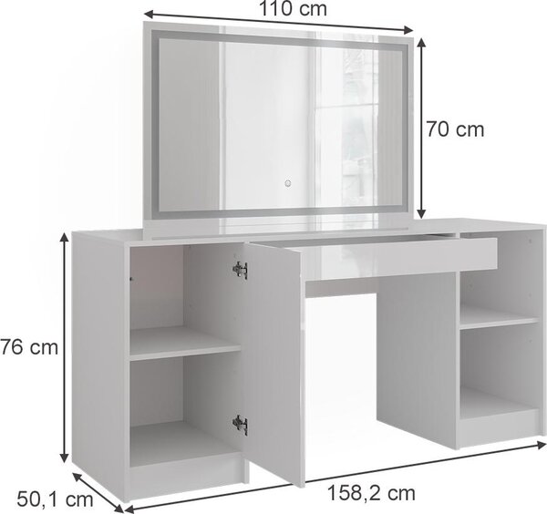 Toaletní stolek Vicco Sherry Bílá/bílý vysoký lesk 158.2 cm s LED zrcadlem, Model 57653