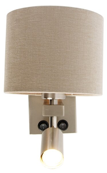 Nástěnná lampa z oceli s lampičkou na čtení a stínítkem 18 cm světle hnědá - Brescia
