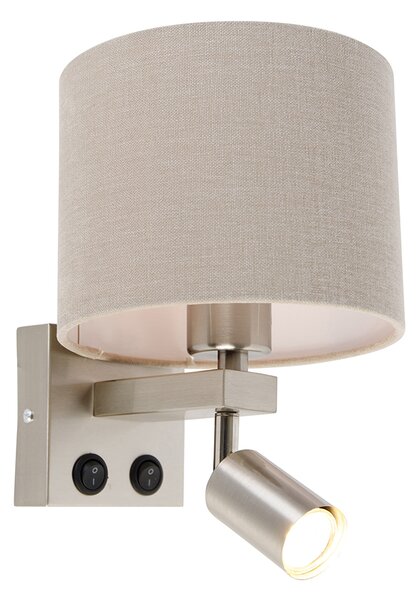 Nástěnná lampa ocelová s lampičkou na čtení a stínidlem 18 cm světle hnědá - Brescia
