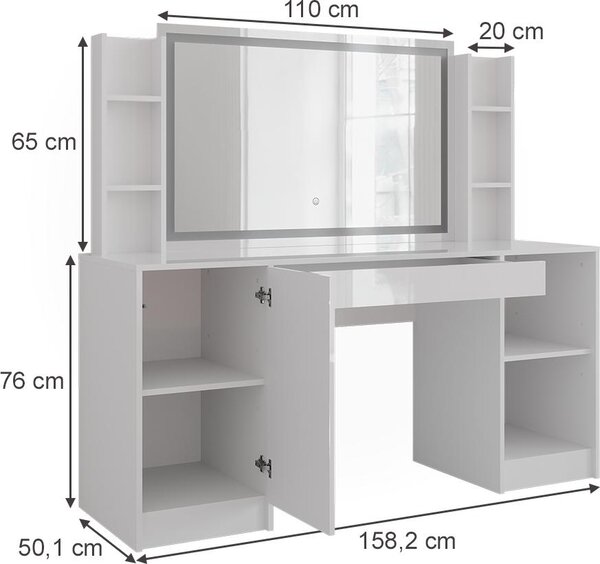 Toaletní stolek Vicco Sherry Bílá/Bílá vysoký lesk 158.2 cm se zrcadlem LED, Model 57650