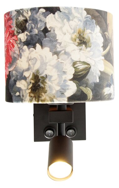 Nástěnná lampa černá s lampičkou na čtení a stínidlem 18 cm květinový - Brescia