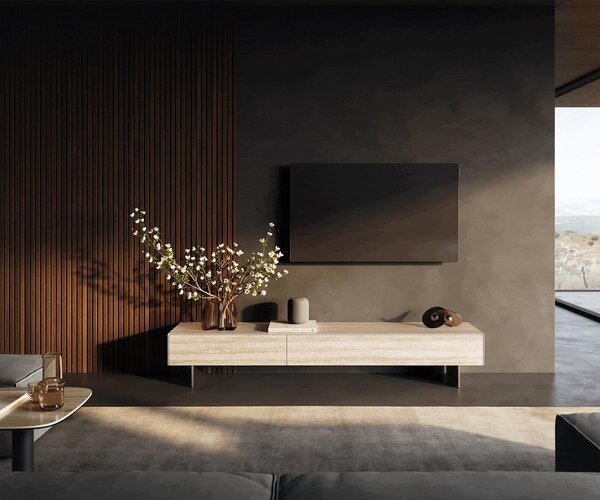 DELIFE TV stolek Cuor 200 cm keramika Laminam® Travertino Bianco krémově bílá 1 výklopná dvířka 1 zásuvka podnož závěsná nerezová ocel