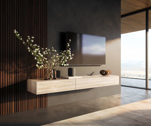 DELIFE TV stolek Cuor 200 cm keramika Laminam® Travertino Bianco krémově bílá 1 výklopná dvířka 1 zásuvka závěsný