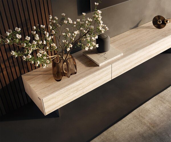 DELIFE TV stolek Cuor 200 cm keramika Laminam® Travertino Bianco krémově bílá 1 výklopná dvířka 1 zásuvka podnož závěsná nerezová ocel