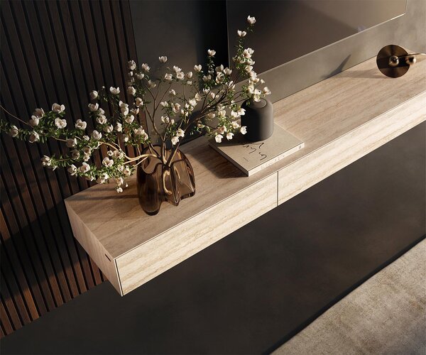 DELIFE TV stolek Cuor 200 cm keramika Laminam® Travertino Bianco krémově bílá 1 výklopná dvířka 1 zásuvka závěsný