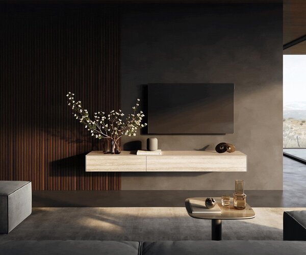 DELIFE TV stolek Cuor 200 cm keramika Laminam® Travertino Bianco krémově bílá 1 výklopná dvířka 1 zásuvka závěsný