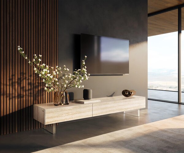DELIFE TV stolek Cuor 200 cm keramika Laminam® Travertino Bianco krémově bílá 1 výklopná dvířka 1 zásuvka podnož závěsná akrylglas
