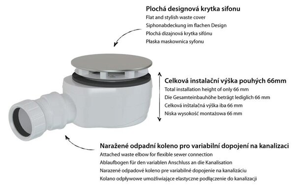 Sifon do sprchové vaničky, průměr 90 mm, DN40, nízký, bílý kryt