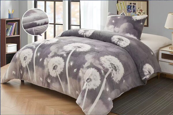 Mikroplyšové povlečení 140×200/70×90 – šedé pampelišky, měkké a hřejivé, zapínání na zip