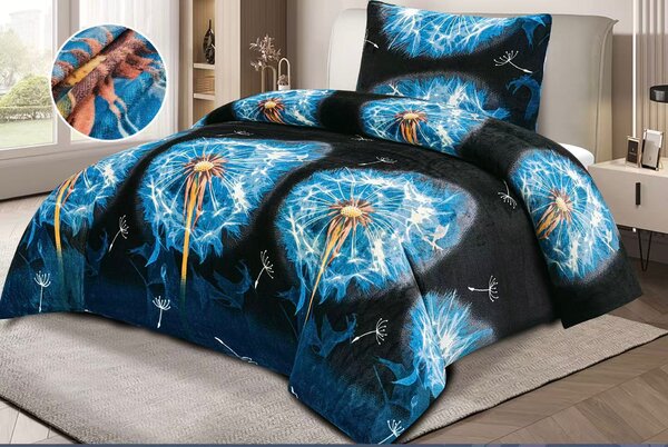 Mikroplyšové povlečení 140×200/70×90 – modré pampelišky, měkké a hřejivé, zapínání na zip