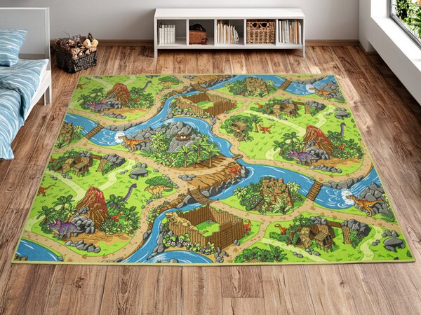 Kobercový ráj Dětský kusový koberec Dino Vesnička Dinosaurů zelený modrý Rozměr: 100x200 cm