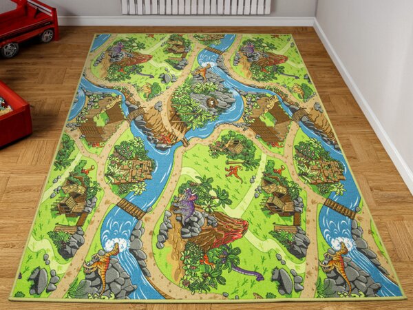 Kobercový ráj Dětský kusový koberec Dino Vesnička Dinosaurů zelený modrý Rozměr: 100x200 cm