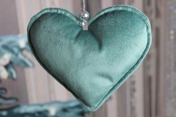 Modře zelené tiffany závěsné sametové srdce 15cm