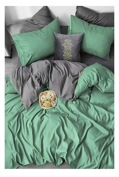 Zeleno-šedé 4dílné prodloužené povlečení na dvoulůžko z bavlny Renforcé s prostěradlem 200x220 cm – Mila Home