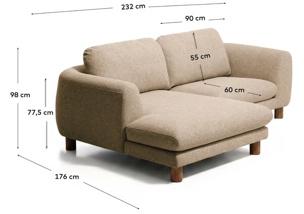 Kave Home Hnědá čalouněná rohová pohovka Vera 232 cm s ořechovou podnoží, levá